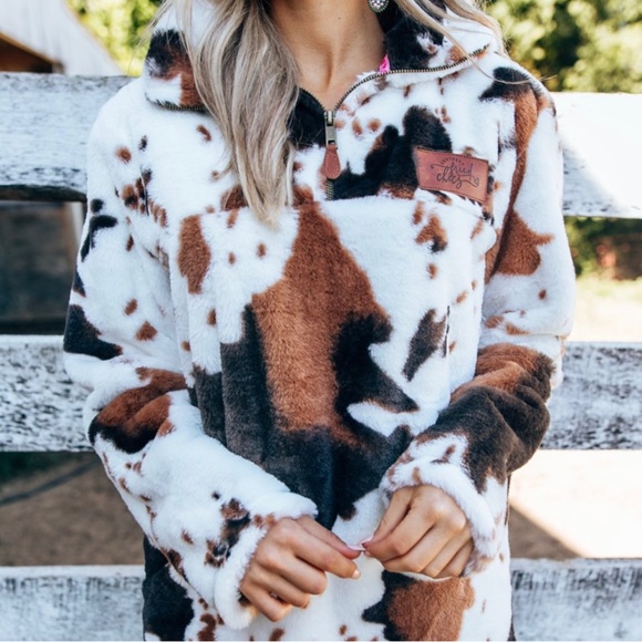 southern fried chics Tops - Cowprint pullover Sherpa 1/4 Zip Size Small Southern Fried Chics